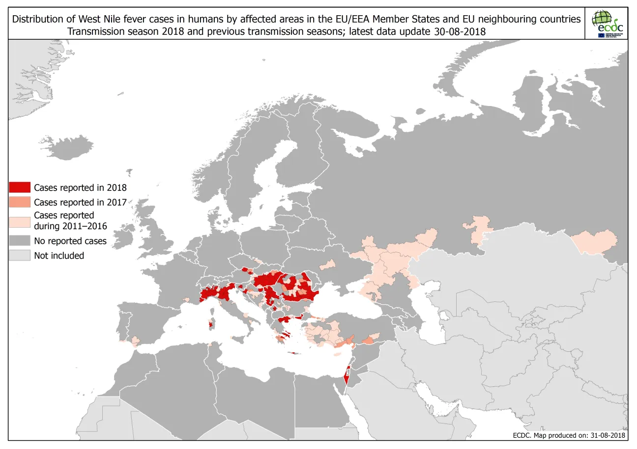 West Nile fever in Europe in 2018 - human cases compared to the previous season; updated 31 August