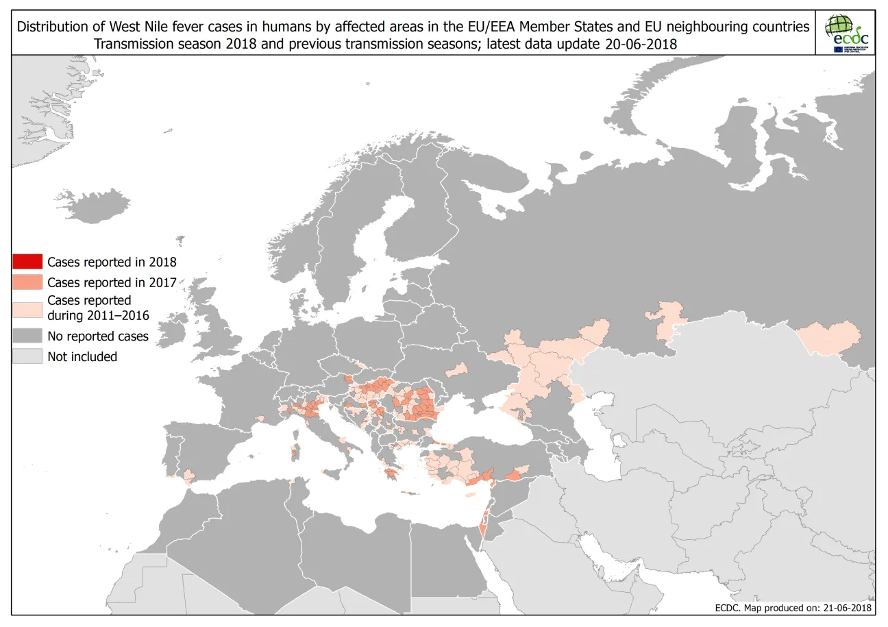 Map: West Nile fever in Europe in 2018 - human cases compared to the previous season; updated 20 June