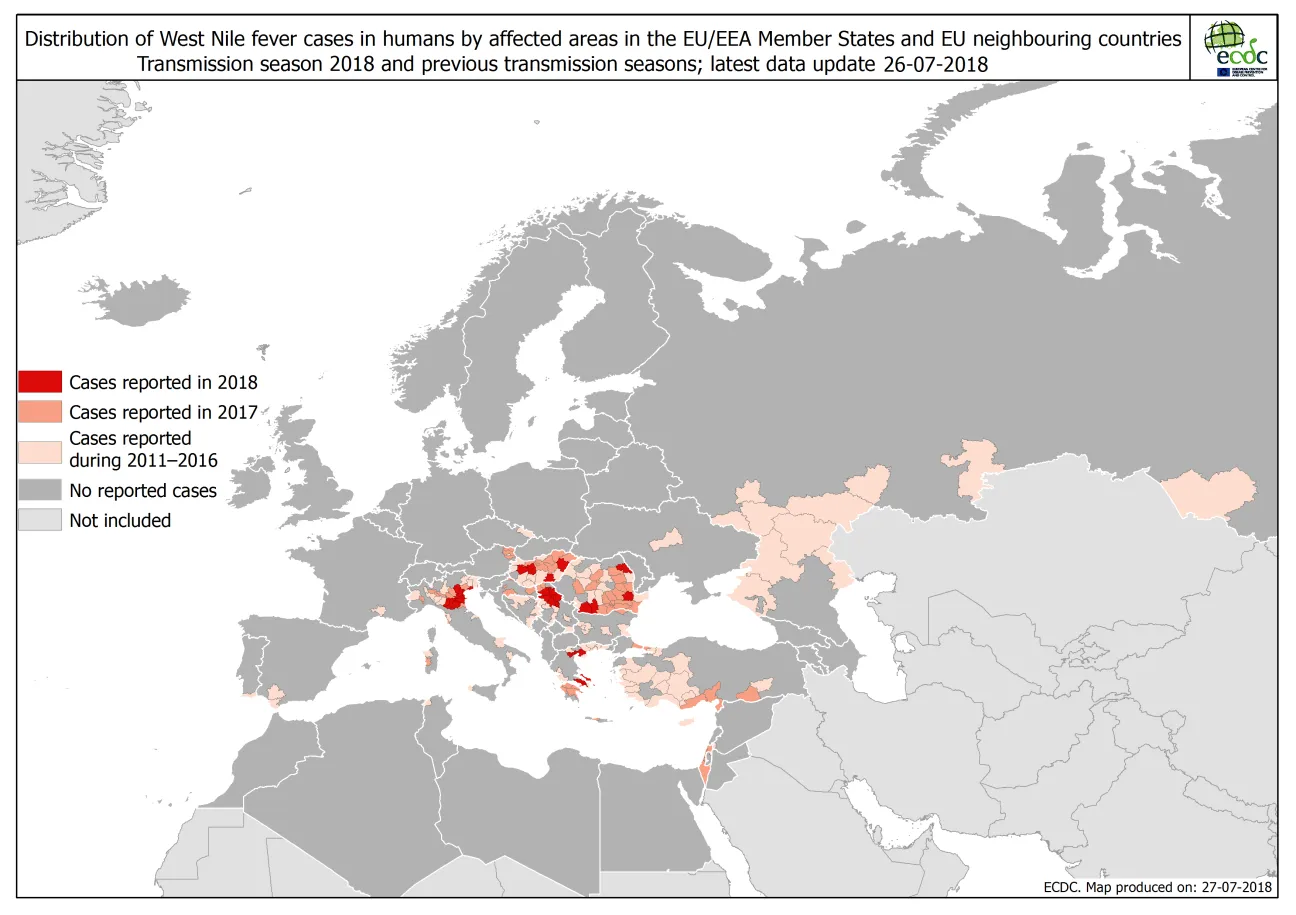 West Nile fever in Europe in 2018 - human cases compared to the previous season; updated 27 July