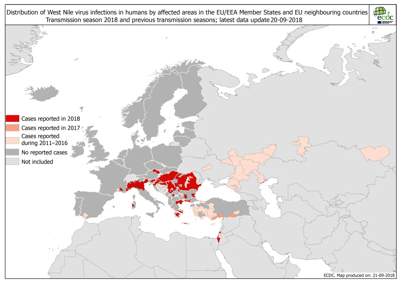 West Nile fever in Europe in 2018 - human cases compared to the previous season; updated 21 September