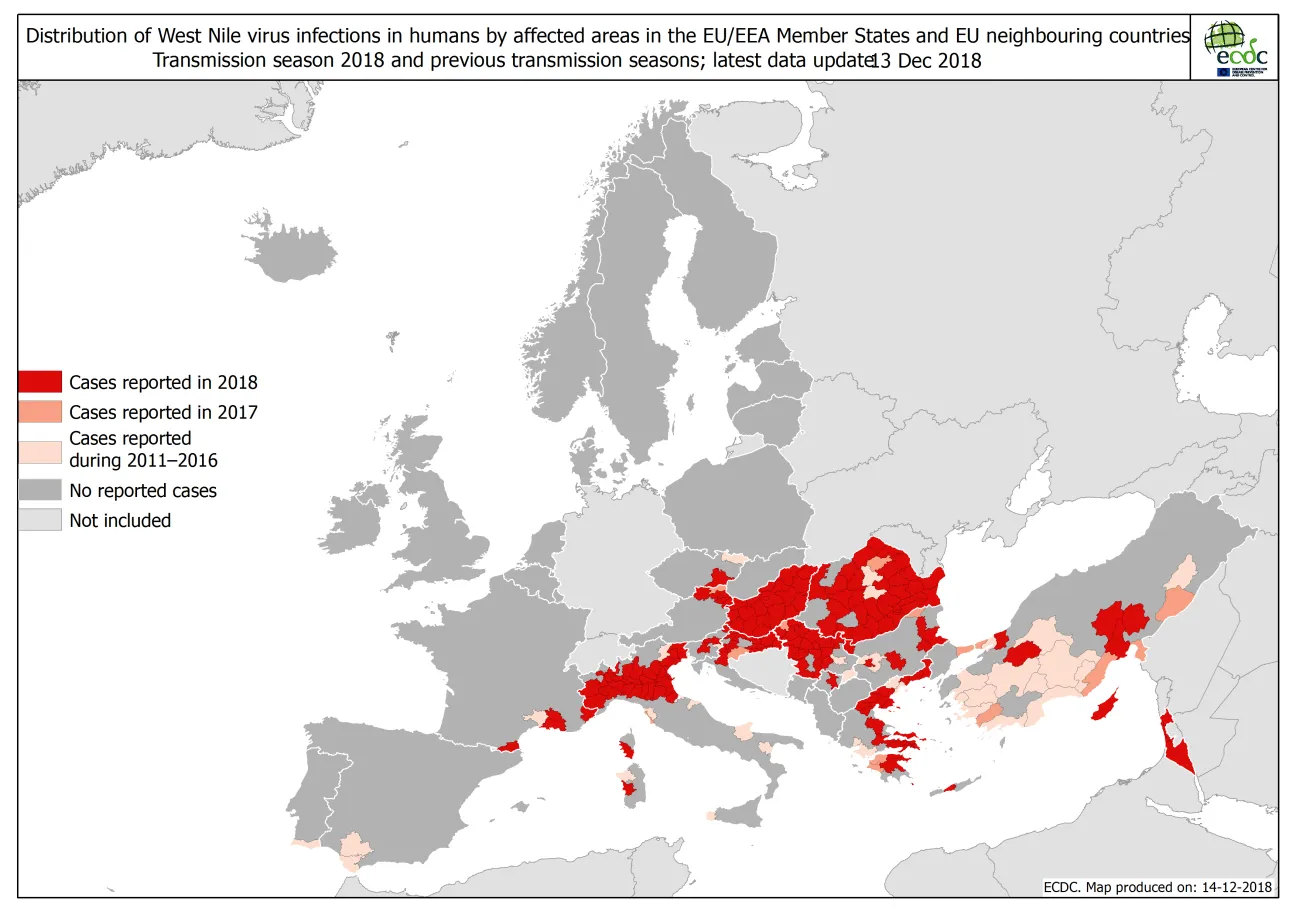 Map of West Nile Fever affected European countries, as of 13 Dec 2018