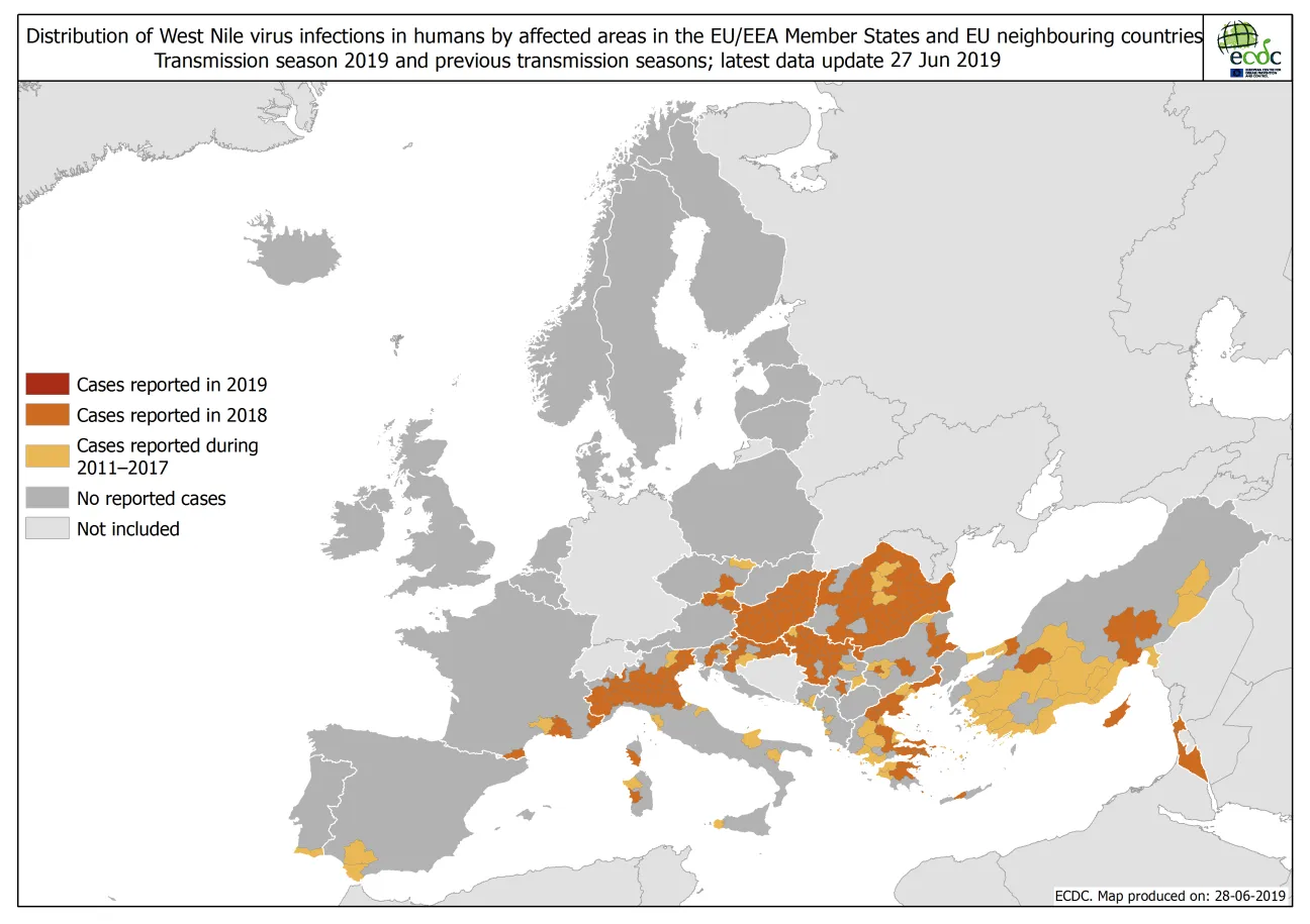 West Nile virus in Europe in 2019 - human cases compared to previous seasons, updated 28 June
