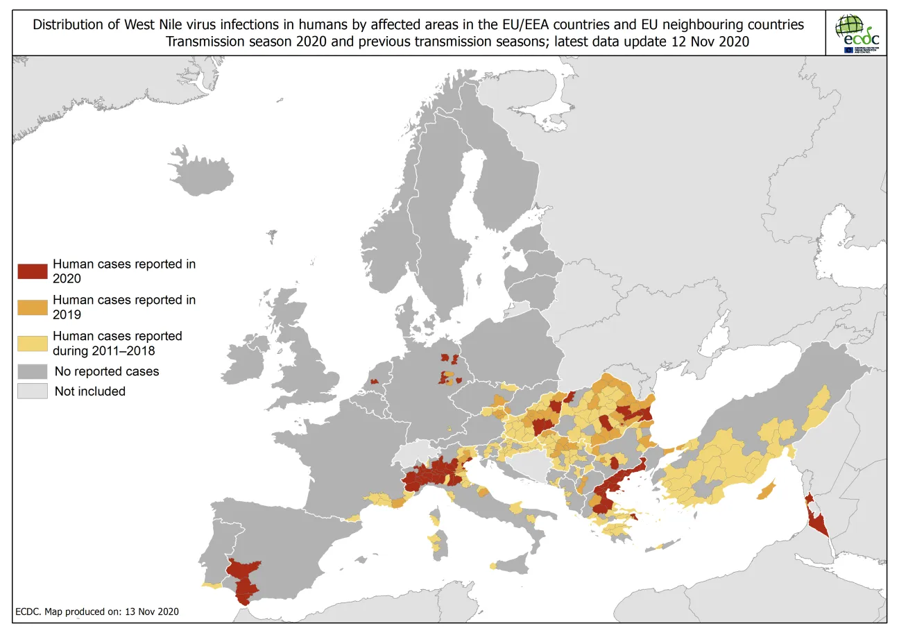 West Nile virus in Europe in 2020 - human cases compared to previous seasons, updated 12 November 2020