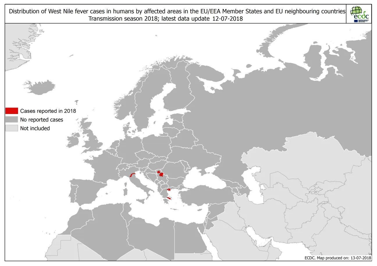 West Nile fever in Europe in 2018 - human cases; updated 13 July