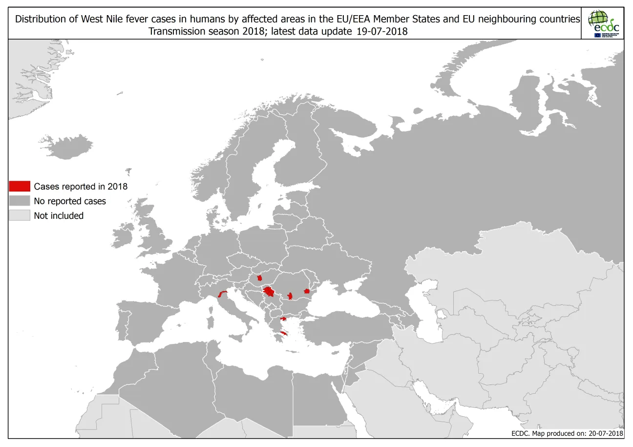 West Nile fever in Europe in 2018 - human cases; updated 20 July