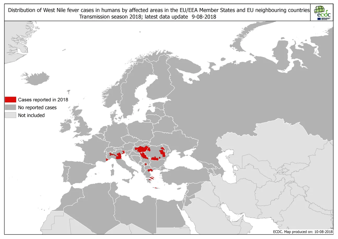  West Nile fever in Europe in 2018 - human cases; updated 10 August