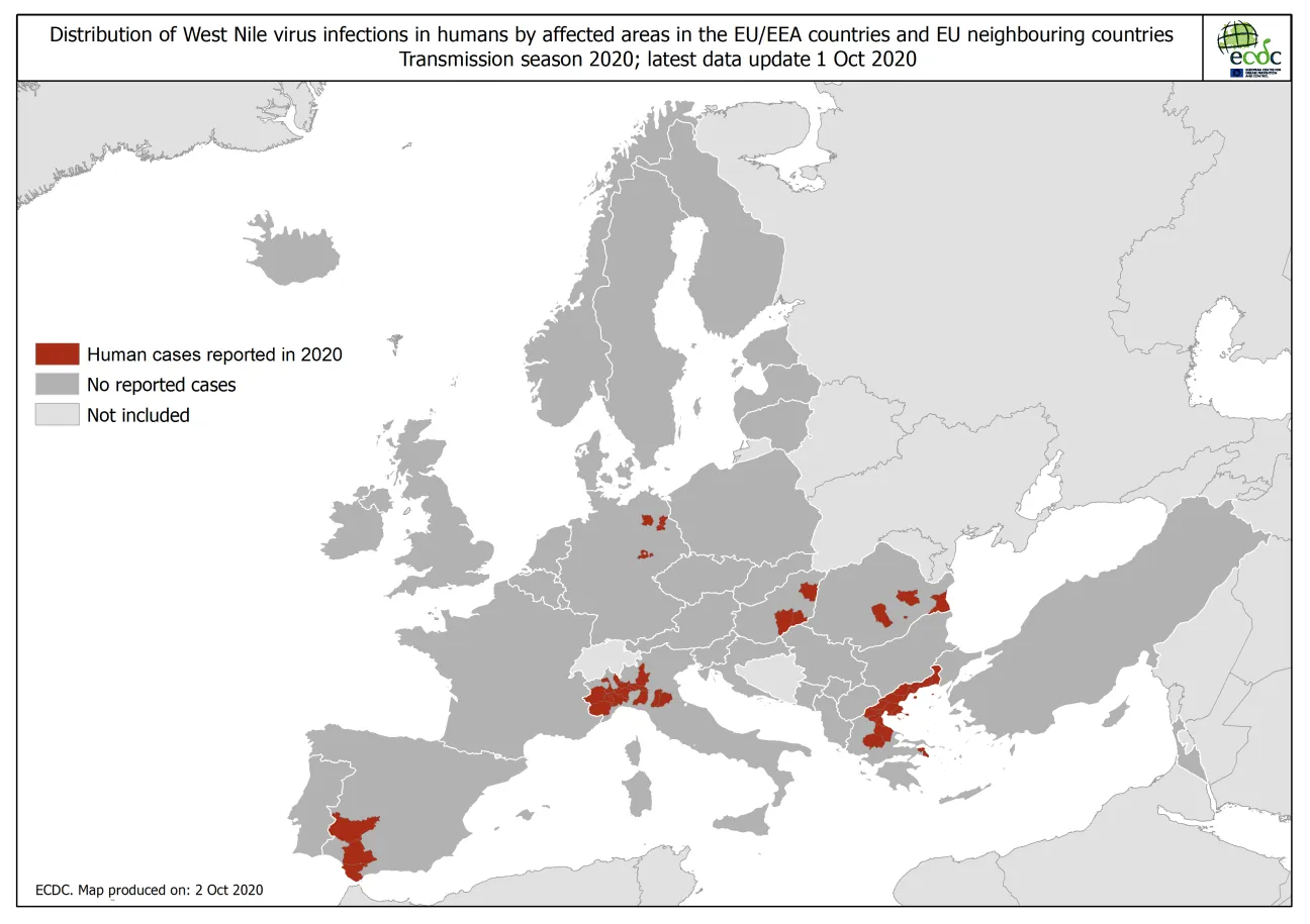 West Nile virus in Europe in 2020 - human cases, updated 1 October 2020