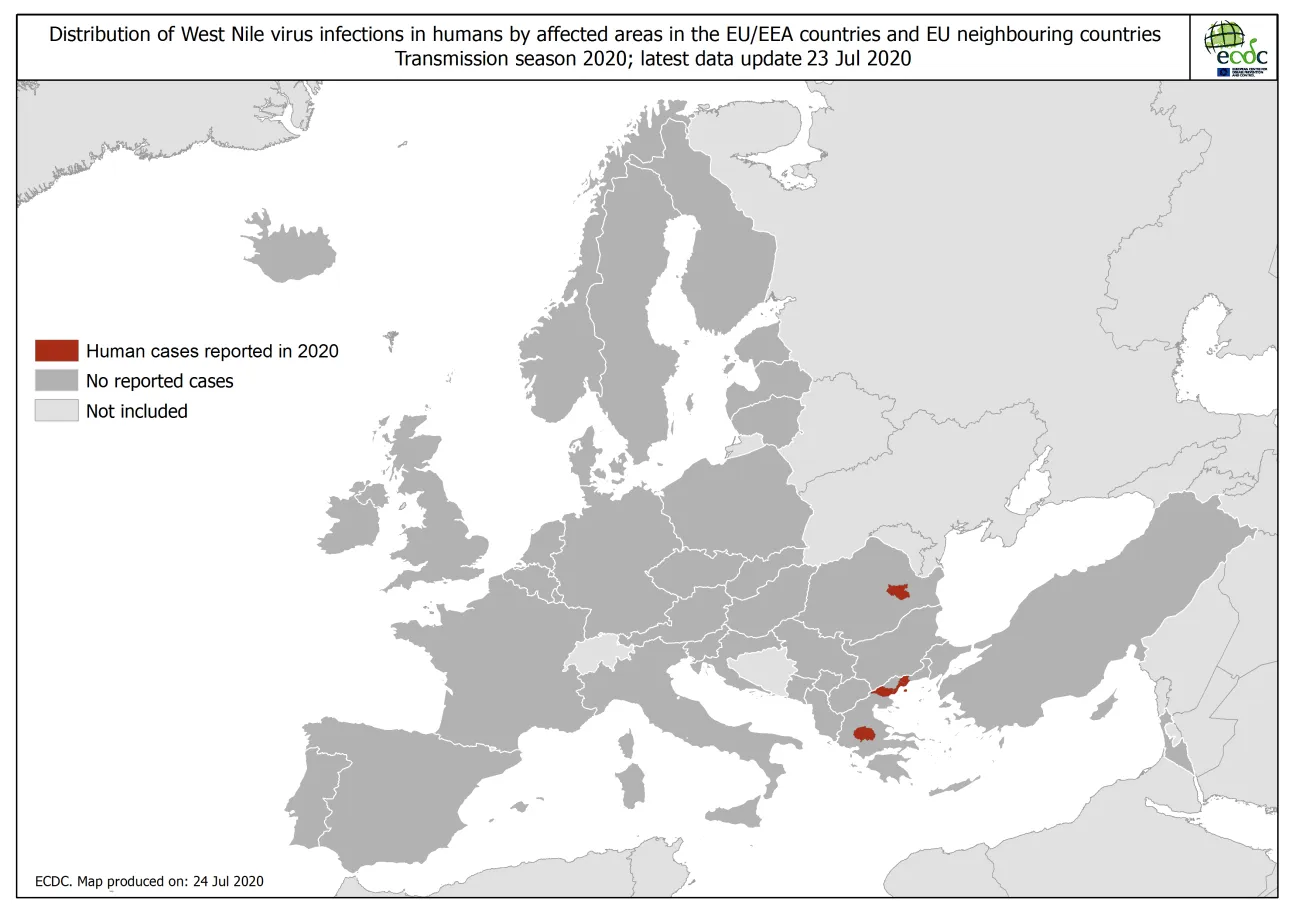 West Nile virus in Europe in 2020 - human cases, updated 24 July 2020