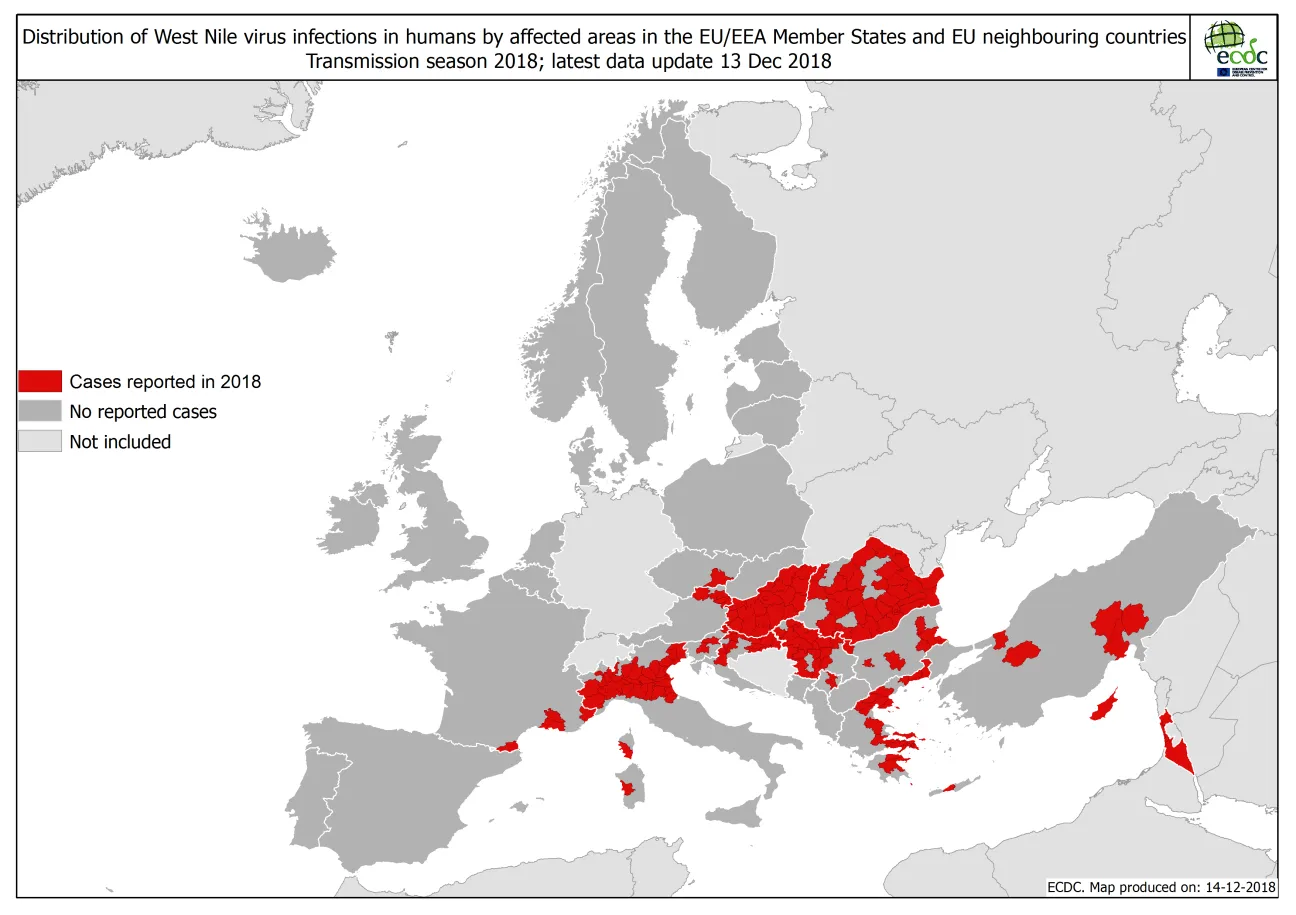 Map showing the distribution of West Nile virus in humans by affected areas in EU/EEA Member States and EU neighbouring countries