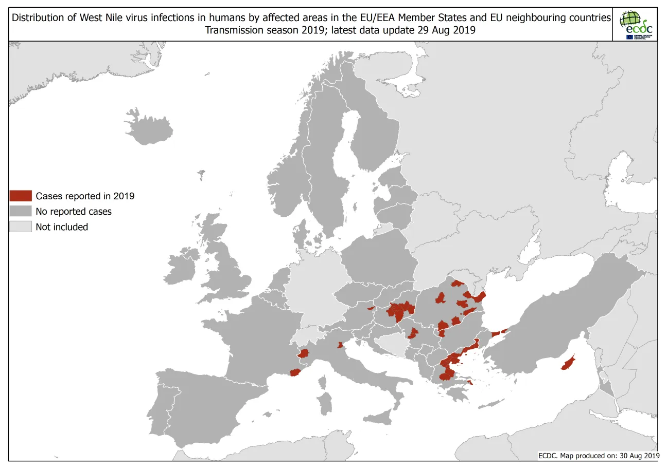 West Nile virus in Europe in 2019 - human cases, updated 30 August