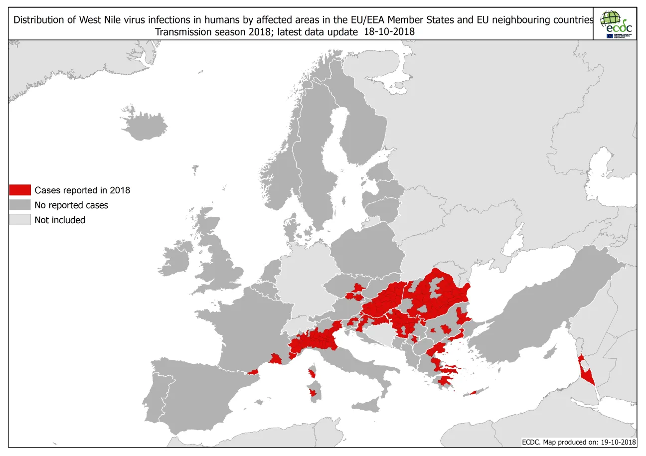 West Nile fever in Europe in 2018 - human cases; updated 19 October