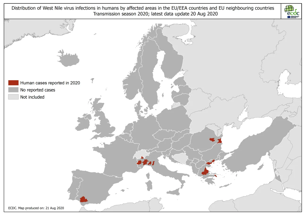 West Nile virus in Europe in 2020 - human cases, updated 20 August 2020