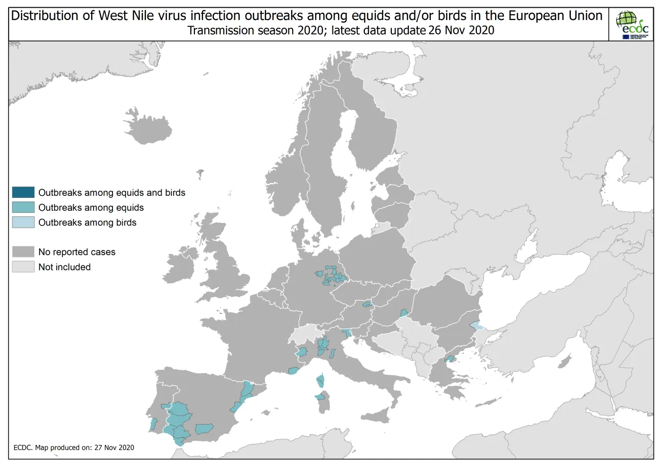 West Nile virus in Europe in 2020 - outbreaks among equids and/or birds, updated 26 November 2020