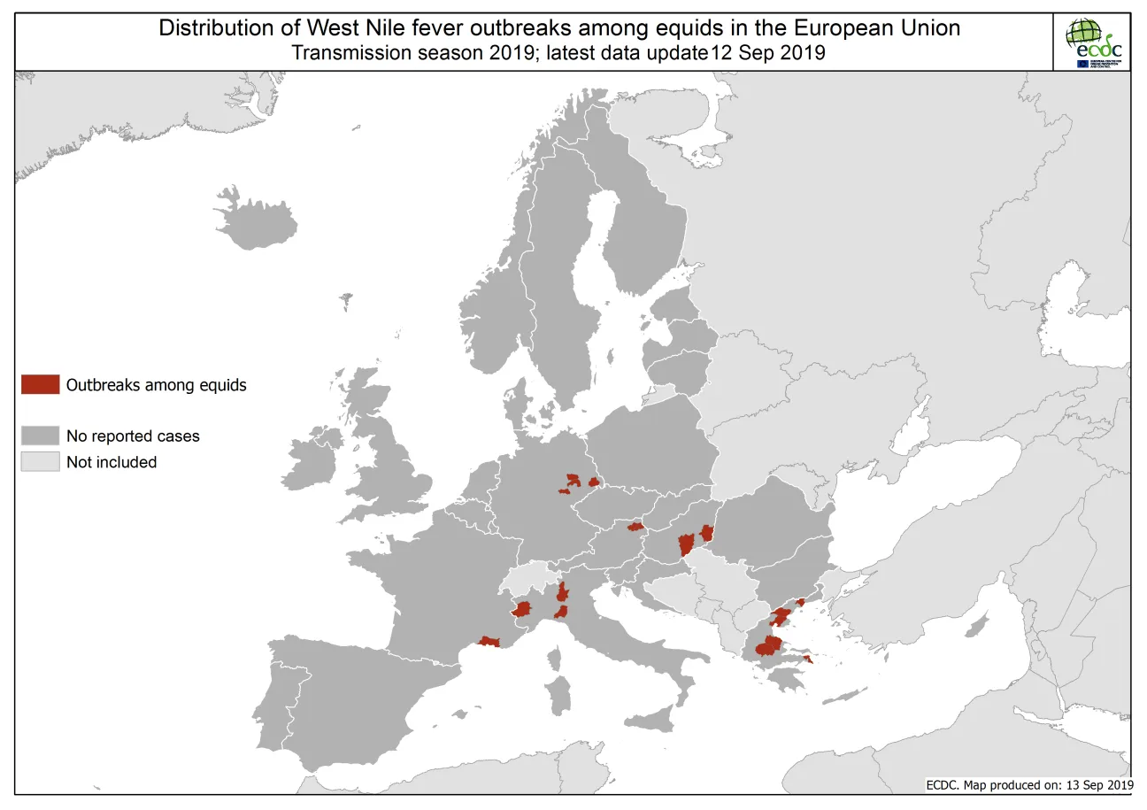  West Nile virus in Europe in 2019 - equine cases, updated 13 September