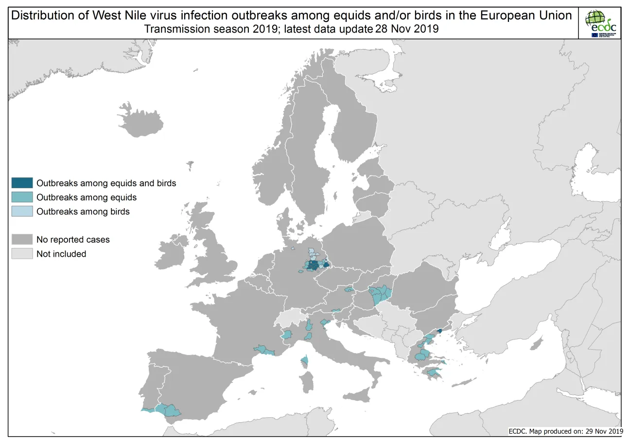 West Nile virus in Europe in 2019 - outbreaks among equids and/or birds, updated 29 November 2019