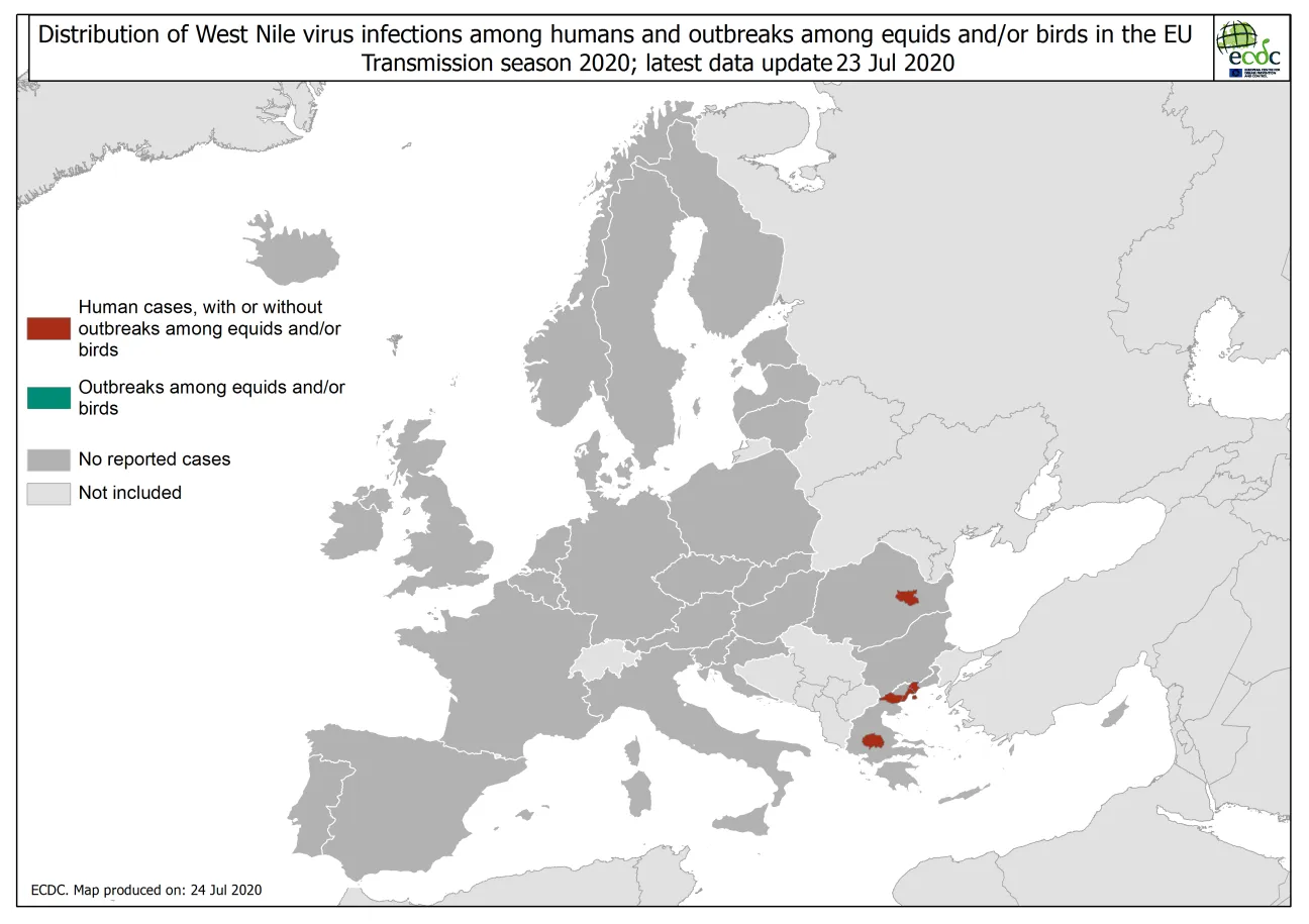 West Nile virus in Europe in 2020 - infections among humans and outbreaks among equids and/or birds, updated 24 July 2020