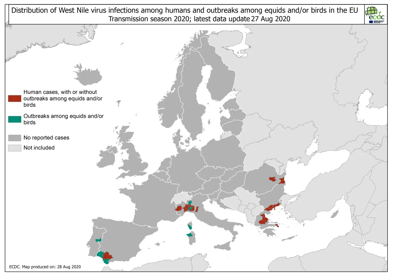 West Nile virus in Europe in 2020 - infections among humans and outbreaks among equids and/or birds, updated 28 August 2020