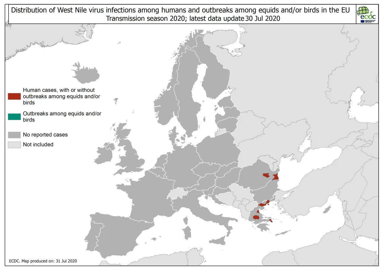 West Nile virus in Europe in 2020 - infections among humans and outbreaks among equids and/or birds, updated 31 July 2020
