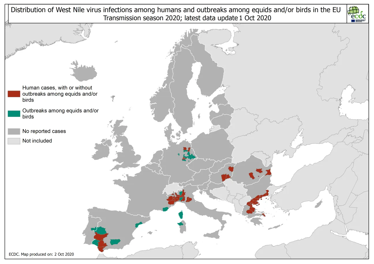 West Nile virus in Europe in 2020 - infections among humans and outbreaks among equids and/or birds, updated 1 October 2020