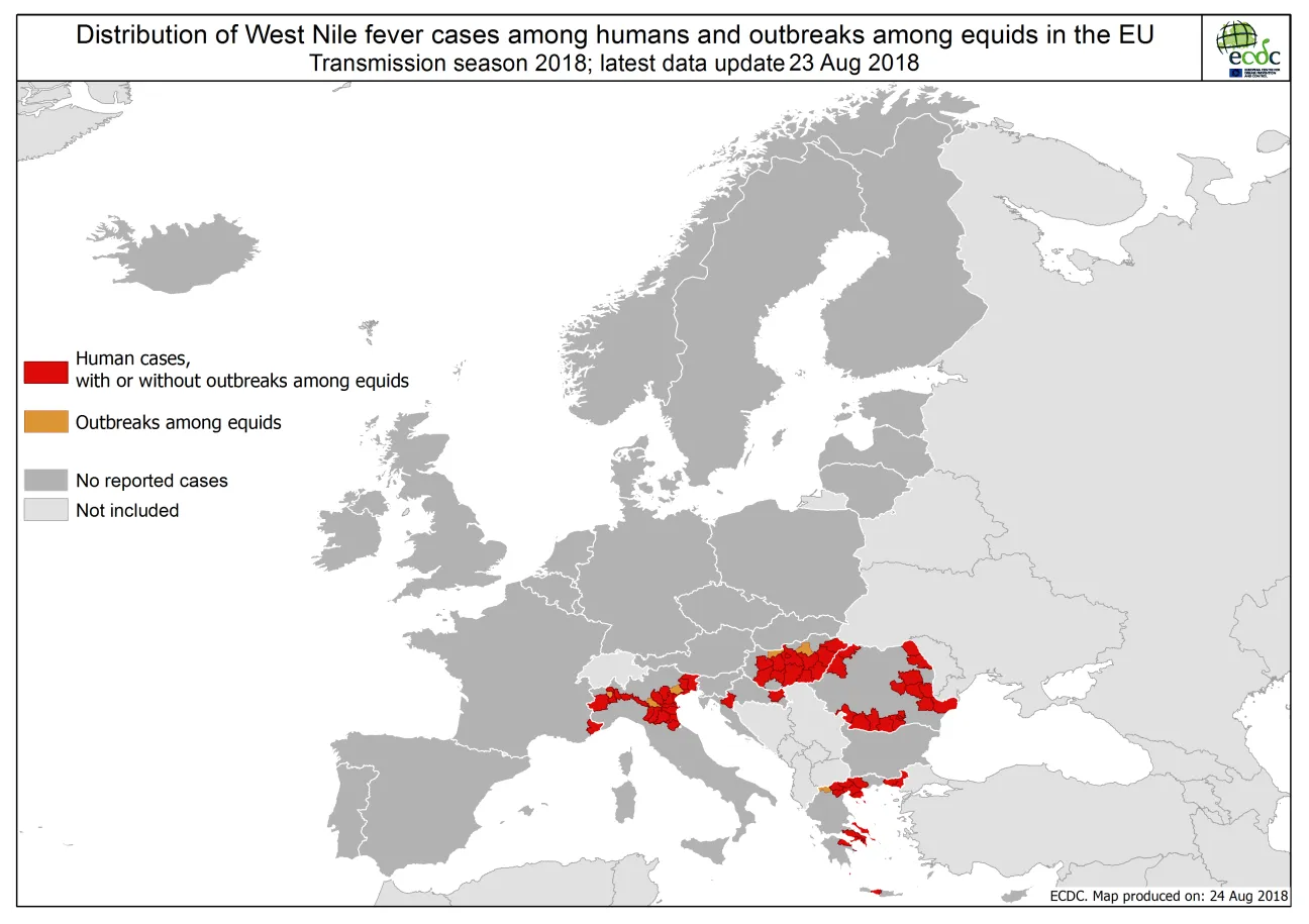 Map - West Nile fever in Europe in 2018 - human and equine cases; updated 24 August