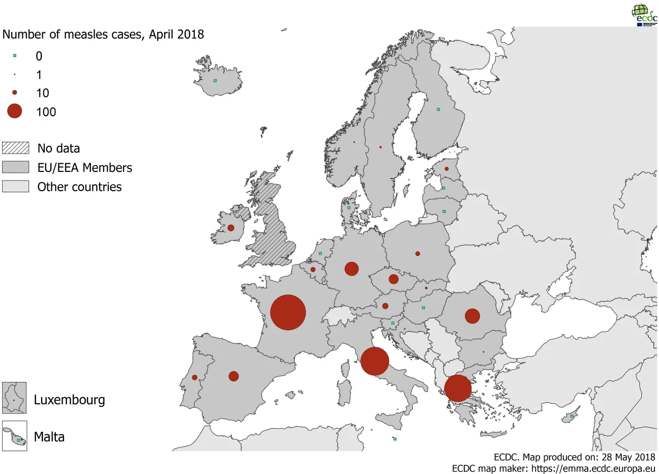 Distribution of measles cases by country, April 2018 in EU/EEA countries