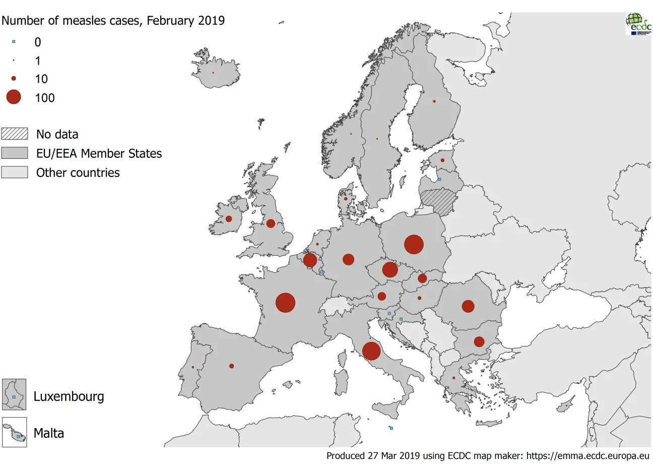 Number of measles cases by country, EU/EEA, February 2019 (n=1 082)