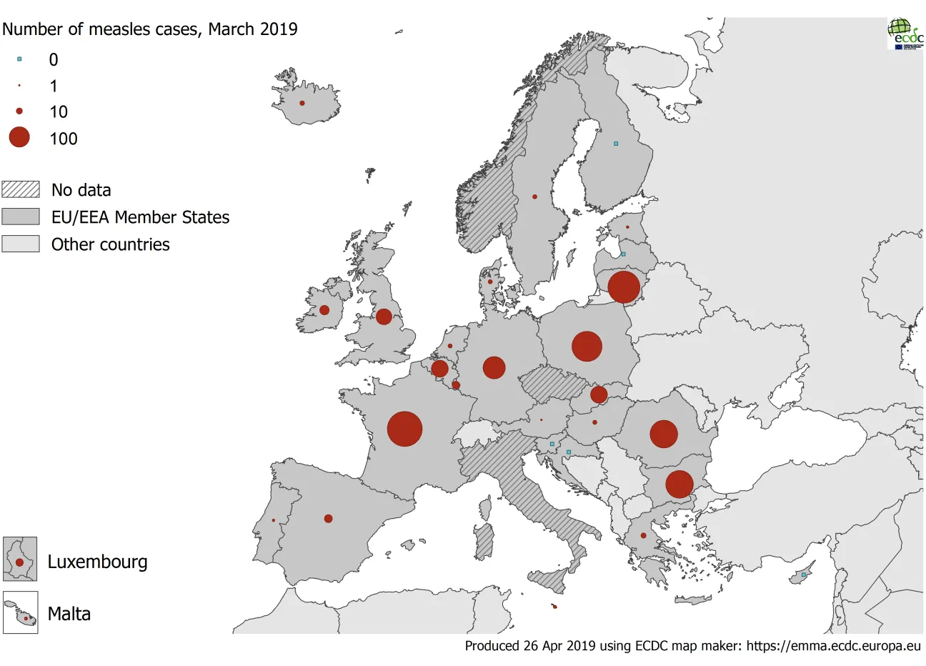 Number of measles cases by country, EU/EEA, March 2019 (n=1 548)