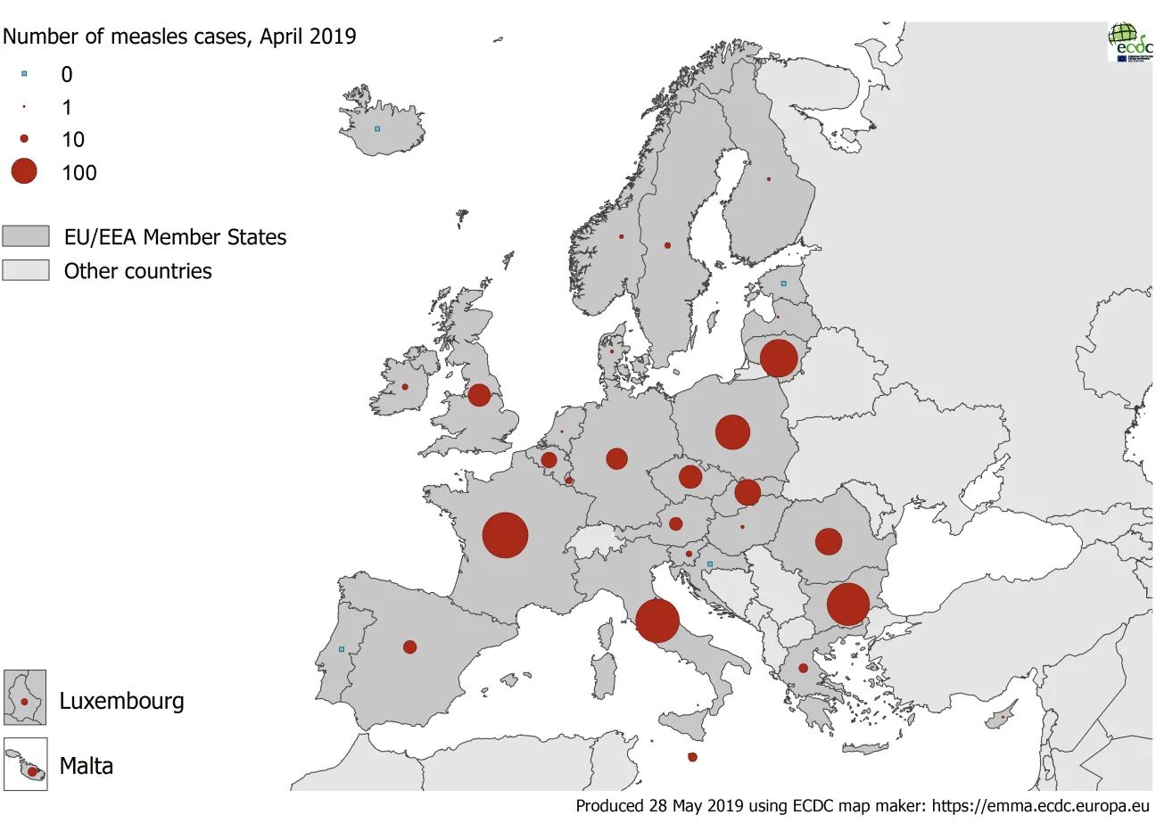 Number of measles cases by country, EU/EEA, April 2019 (n=1 907)