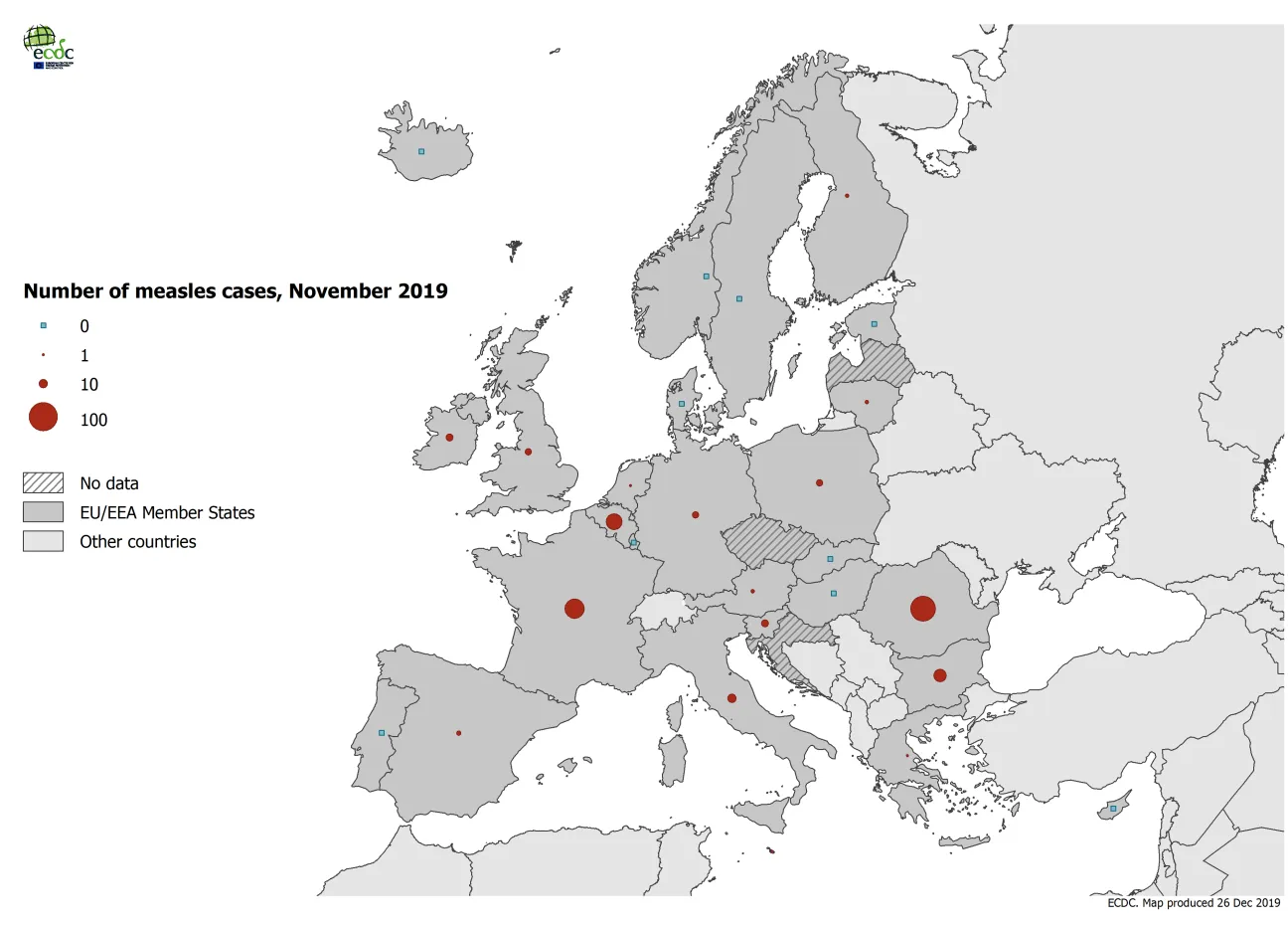 Number of measles cases by country, EU/EEA, November 2019 (n=232)