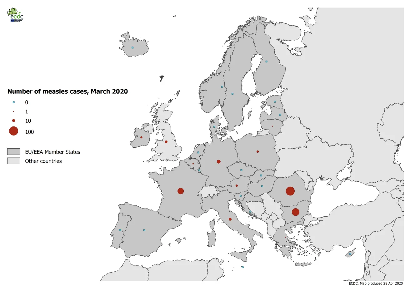 Number of measles cases by country, EU/EEA and the United Kingdom, March 2020