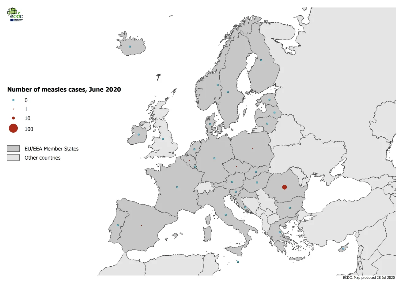 Number of measles cases by country, EU/EEA and the United Kingdom, June 2020