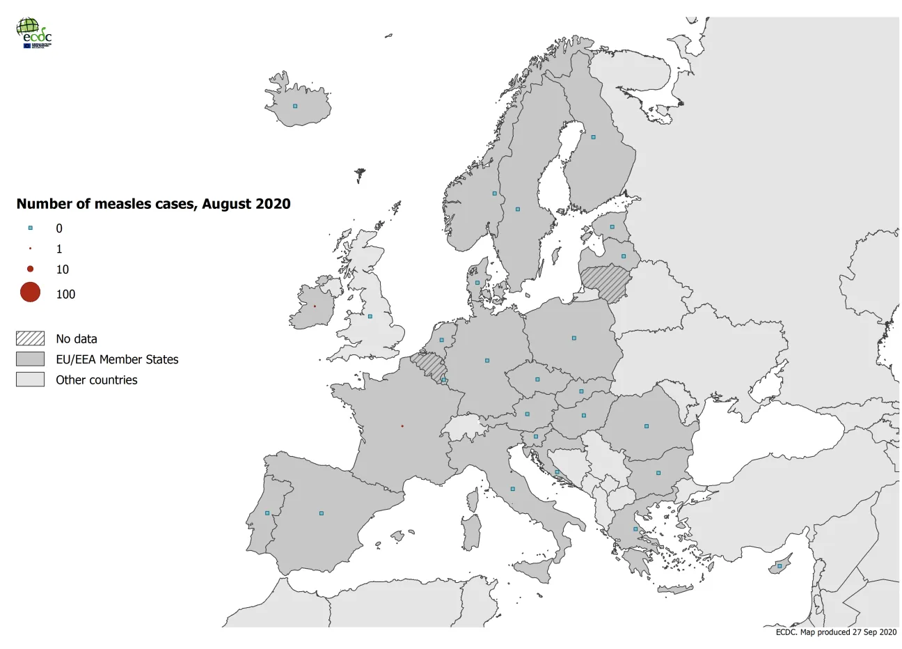 Number of measles cases by country, EU/EEA and the United Kingdom, August 2020