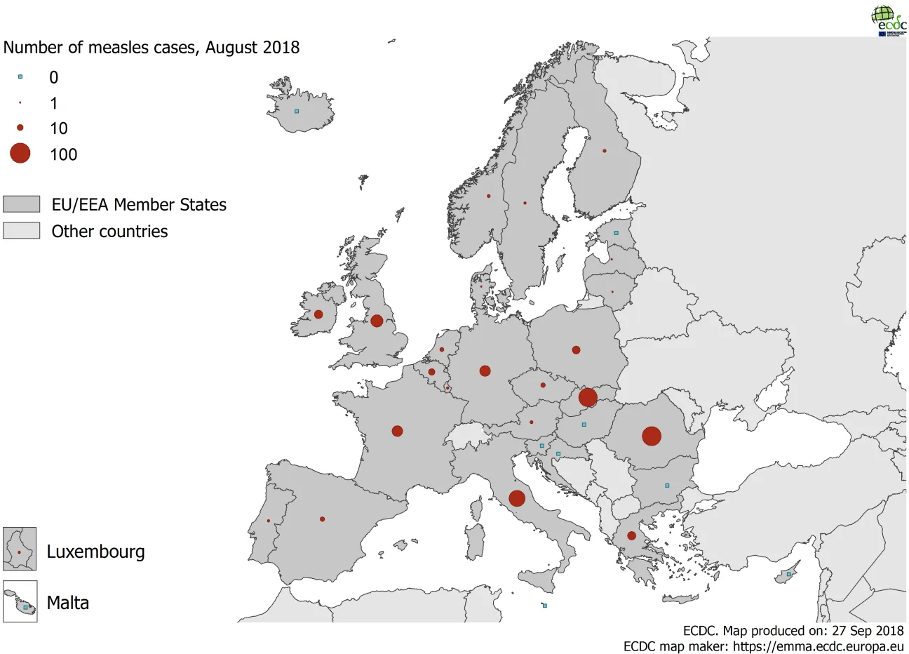 Number of measles cases by country, EU/EEA, August 2018 (n=439)