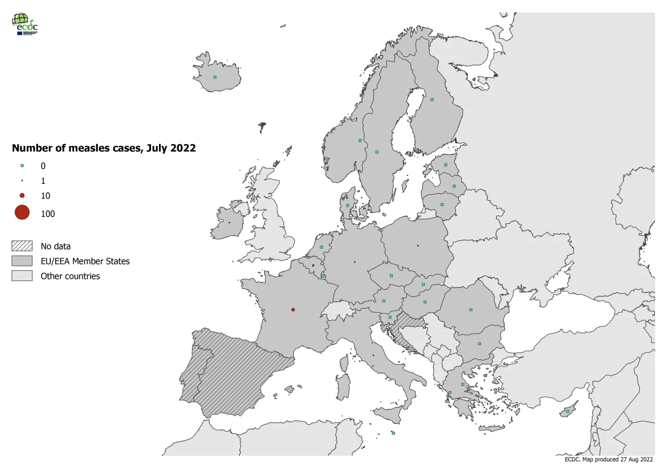 Number of measles cases by country, July 2022