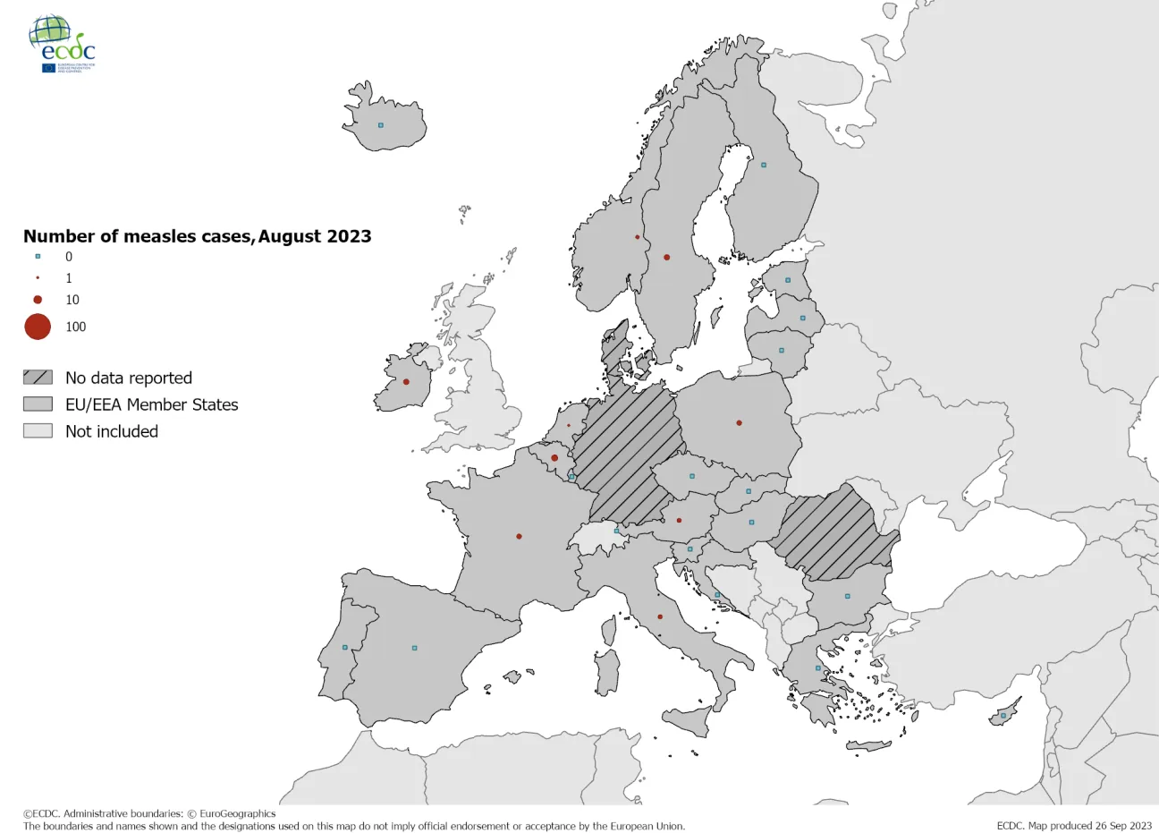 Number of measles cases by country, august 2023