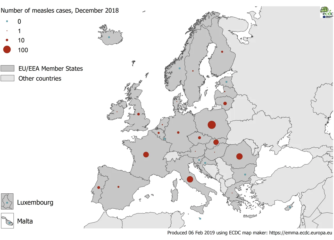 Number of measles cases by country, EU/EEA, December 2018 (n=457)