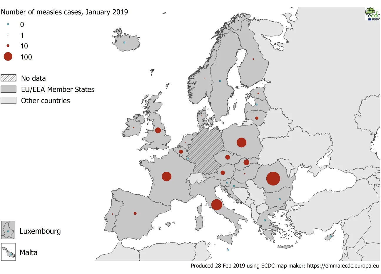 Number of measles cases by country, EU/EEA, January 2019 (n=881)