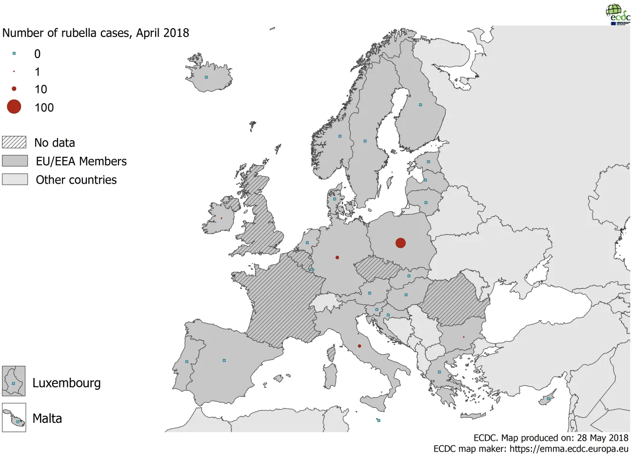Distribution of rubella cases by country, April 2018 in EU/EEA countries