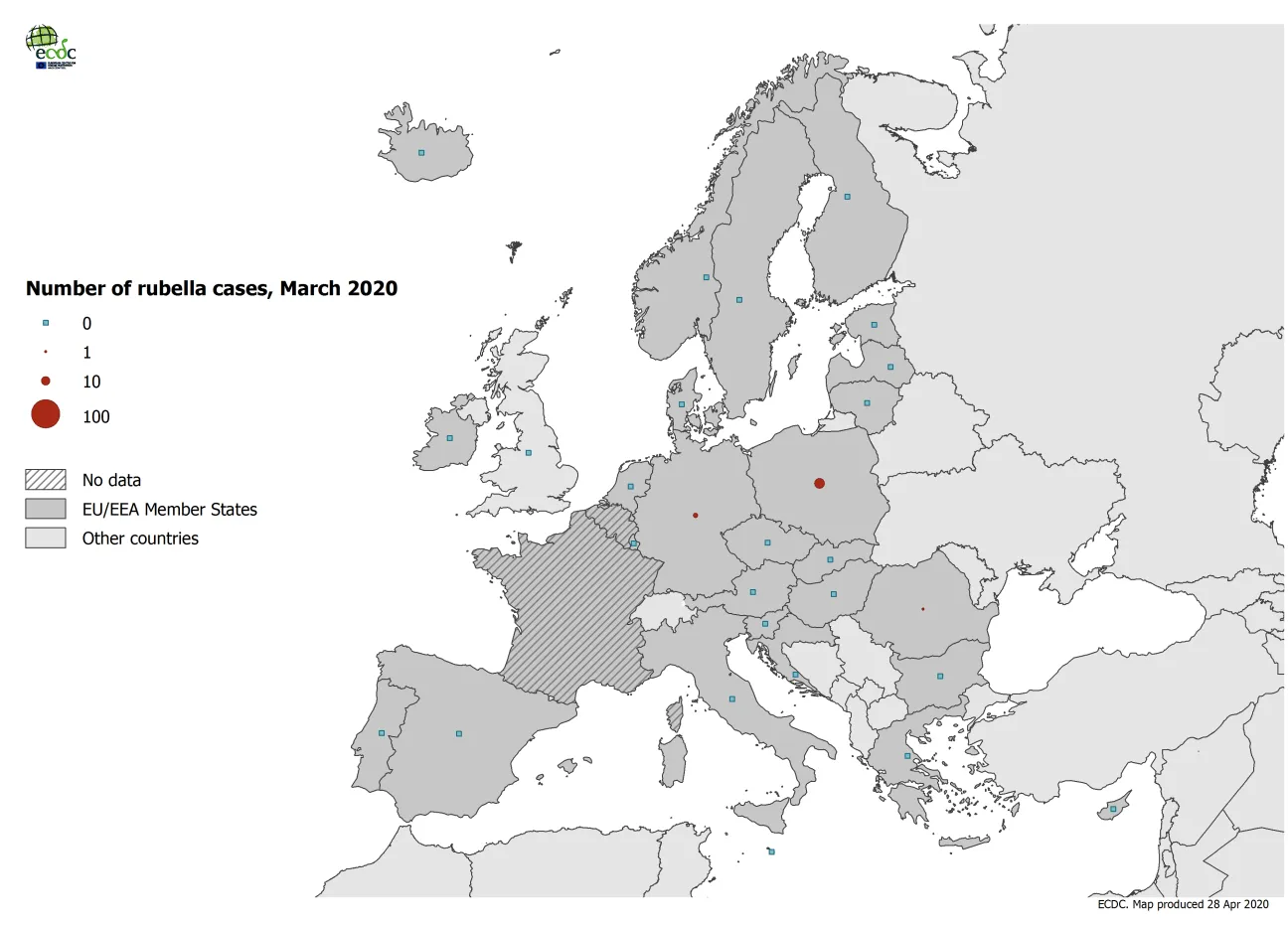 Number of rubella cases by country, EU/EEA and the UK, March 2020