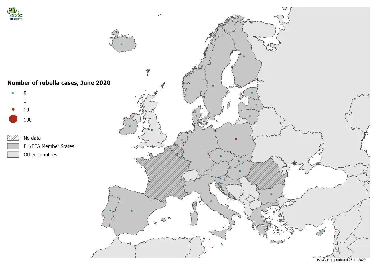 Number of rubella cases by country, EU/EEA and the United Kingdom, June 2020