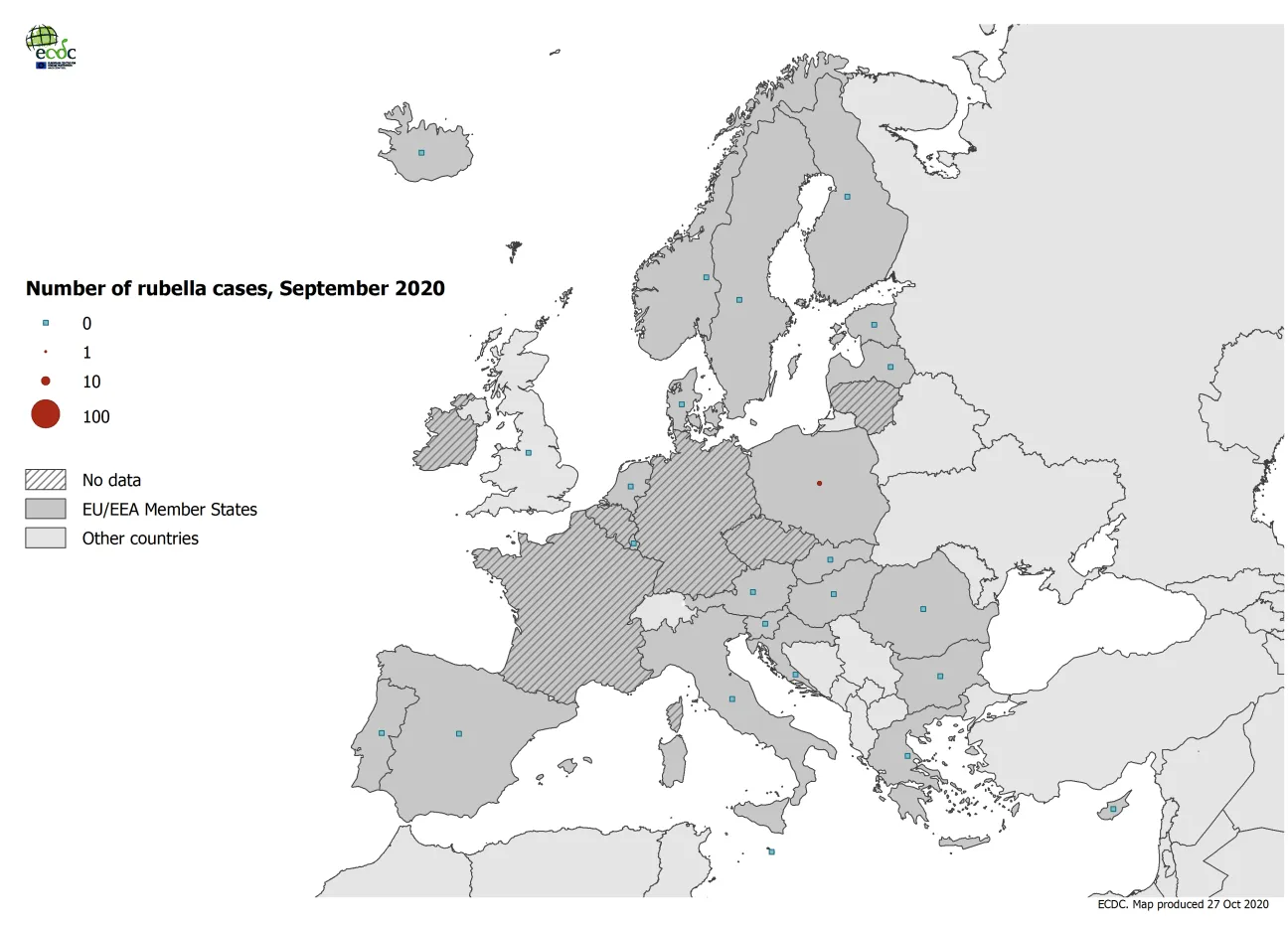 Number of rubella cases by country, EU/EEA and the United Kingdom, September 2020