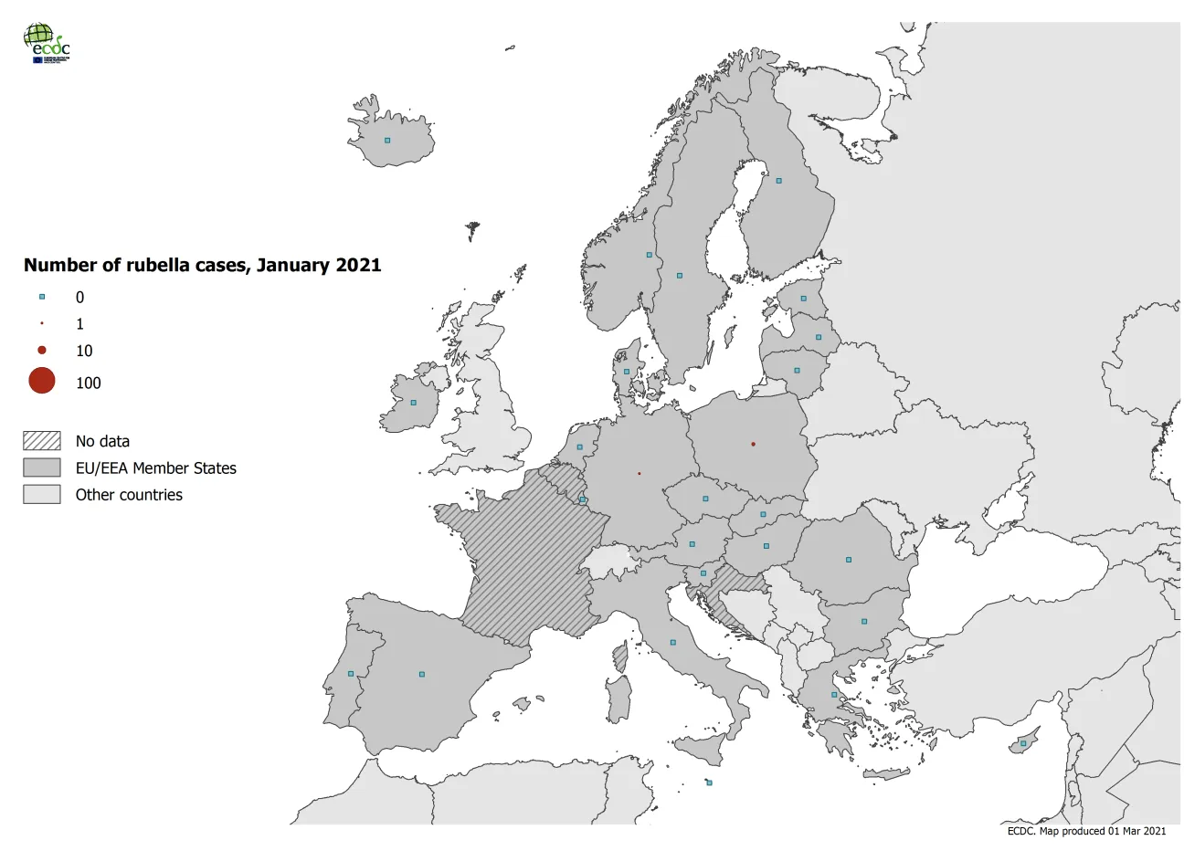 Number of rubella cases by country, January 2021