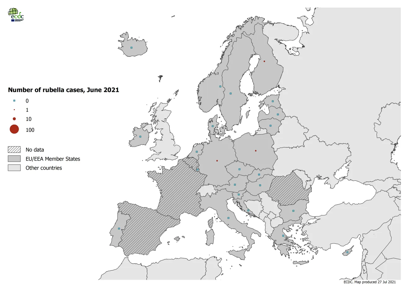 Number of rubella cases by country, June 2021
