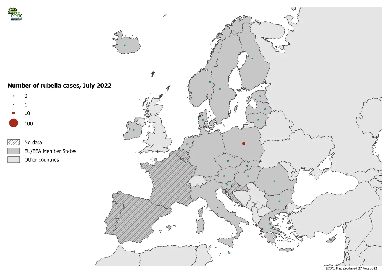 Number of rubella cases by country, July 2022