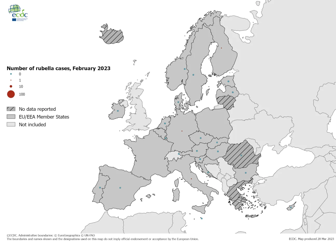 Number of rubella cases by country, February 2023