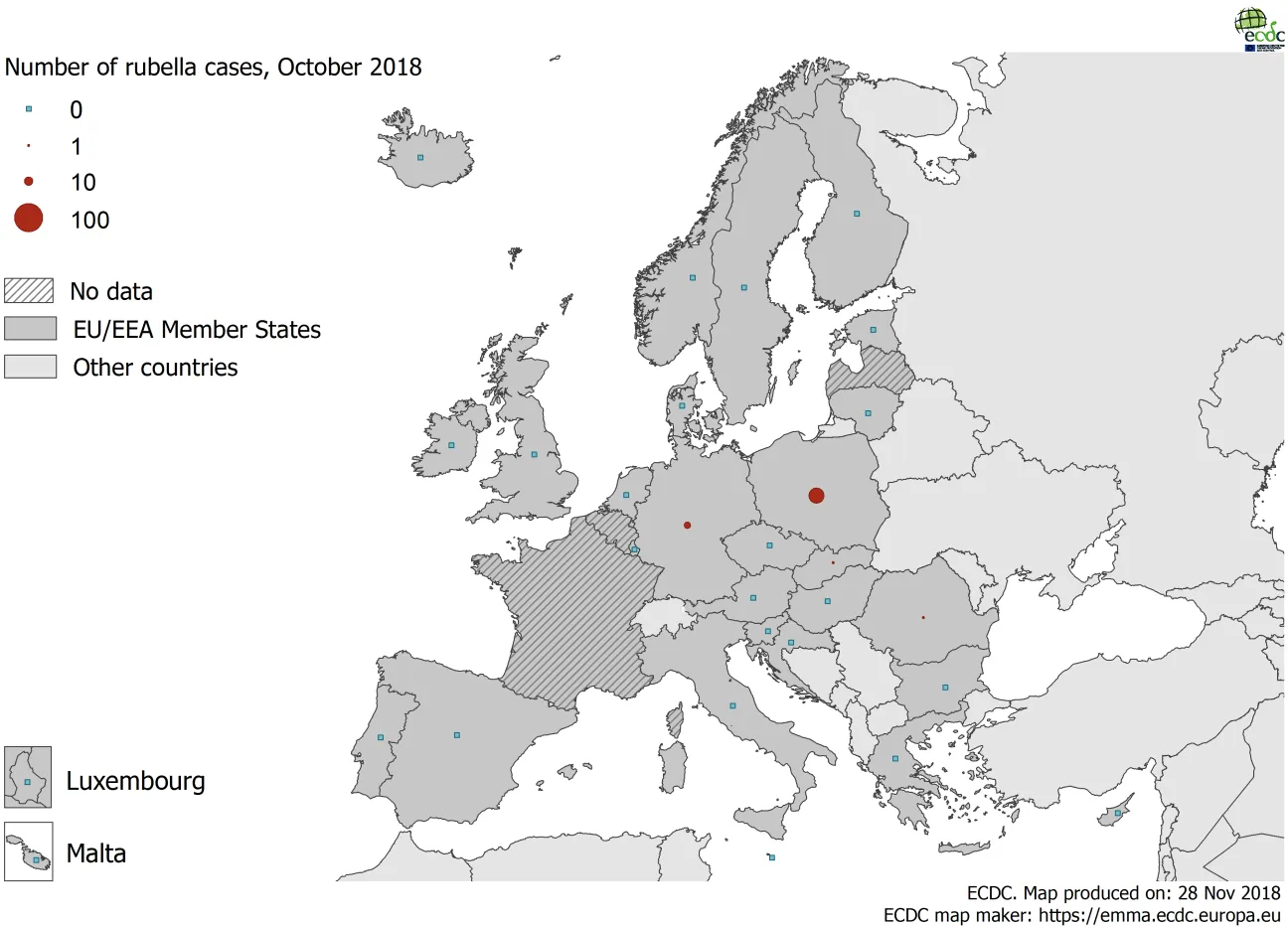 Number of rubella cases by country, EU/EEA, October 2018 (n=36)