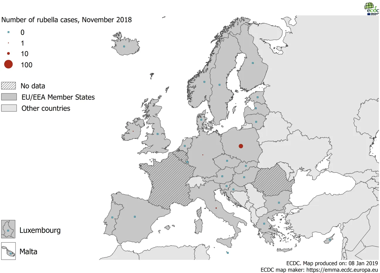 Number of rubella cases by country, EU/EEA, November 2018 (n=30)