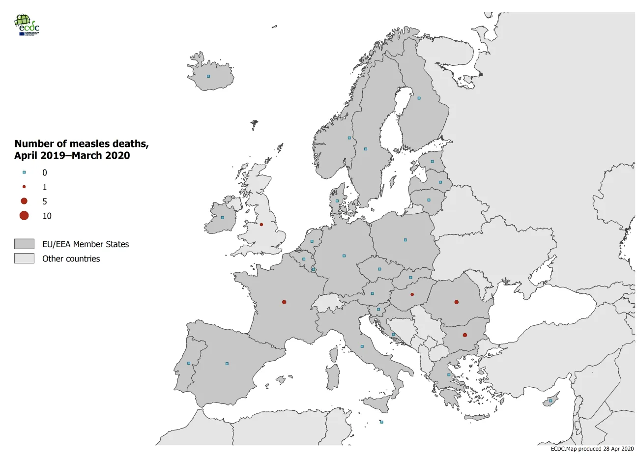 Number of measles deaths by country, EU/EEA and the UK, 1 April 2019–31 March 2020