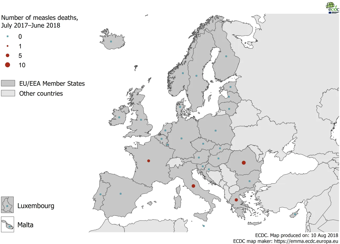 Map showing the number of measles deaths by country, EU/EEA, 1 July 2017–30 June 2018 