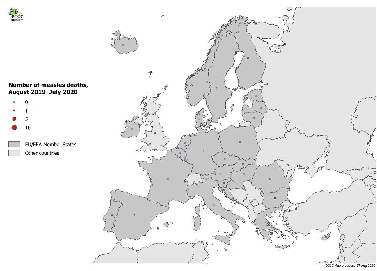 Number of measles deaths by country, EU/EEA and the UK, August 2019 - July 2020
